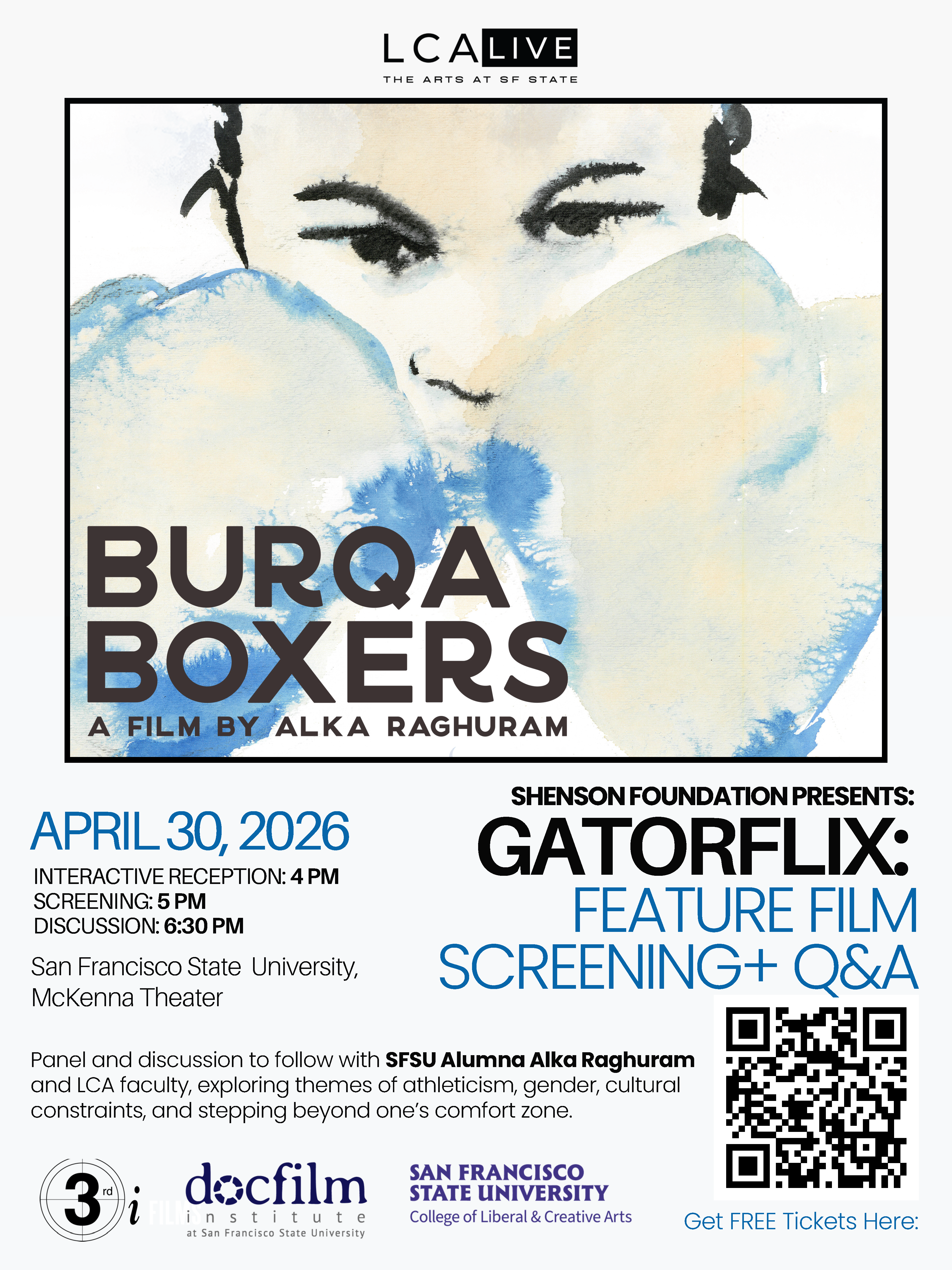 Desaturated black and white image of woman's face holding two boxing gloves up. Information and QR code about April 30 event