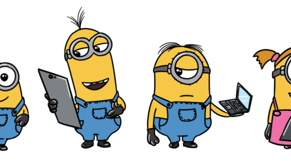 Minions holding computers standing on a line